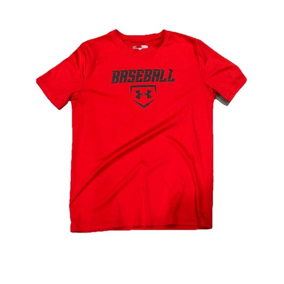 Under Armour Boys tshirt says Baseball Ylg Loose Heatgear Red 100% polyester - Picture 1 of 3